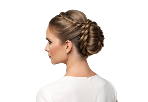 Woman with elaborate crown braid updo hairstyle, side profile view, isolated on a transparent background