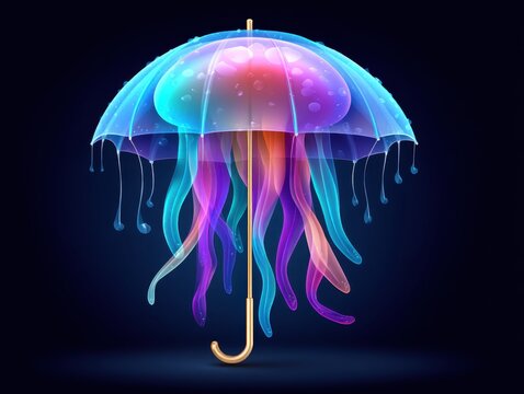 A glowing, translucent umbrella with jellyfish-like tentacles hanging down in vibrant blue, purple, and pink hues against a dark background.