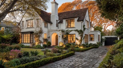 Charming tudor style home with manicured lawn and stone driveway at dusk. Great for real estate or home improvement marketing materials.