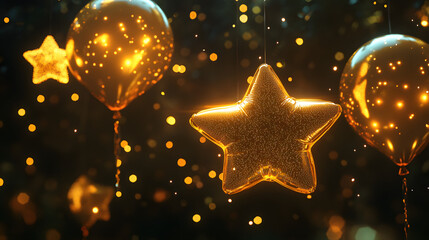 Golden glowing balloons and sparkling stars create a magical and festive atmosphere with shimmering bokeh lights on a dark background, perfect for celebrations and holidays