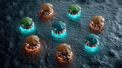 Colorful umbrellas float on water atop illuminated lifebuoys, creating a vibrant, surreal scene against a dark, rippling surface.