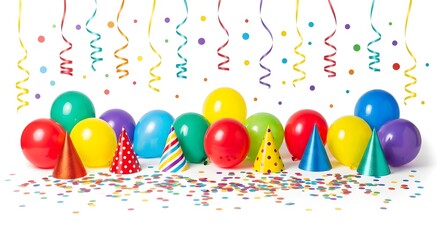 Colorful balloons and party hats with confetti and streamers for celebration
