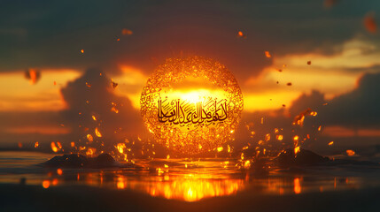 Golden sphere with arabic calligraphy glowing against a dramatic fiery sunset over water, symbolizing spiritual awakening and divine light