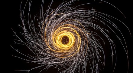 Swirling vortex of light and particles in a dark void space illustration