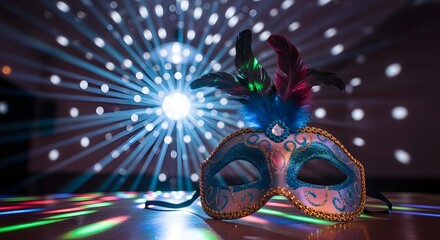 Colorful carnival mask with disco ball lights for party celebration