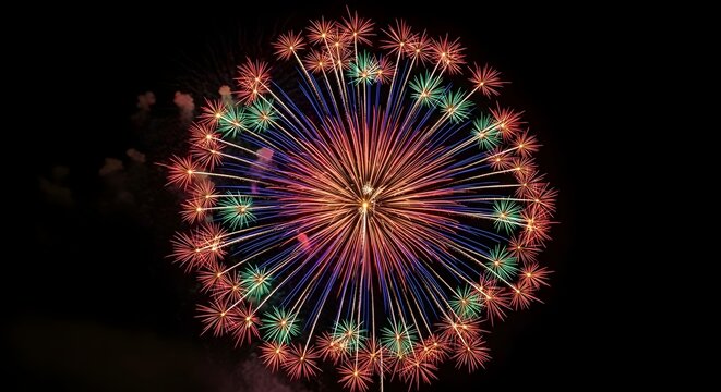 Vibrant burst of fireworks exploding in the night sky with colorful trails