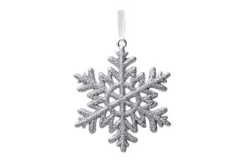 Sparkling silver snowflake Christmas decoration with detailed crystalline structure and ribbon, isolated on a transparent background