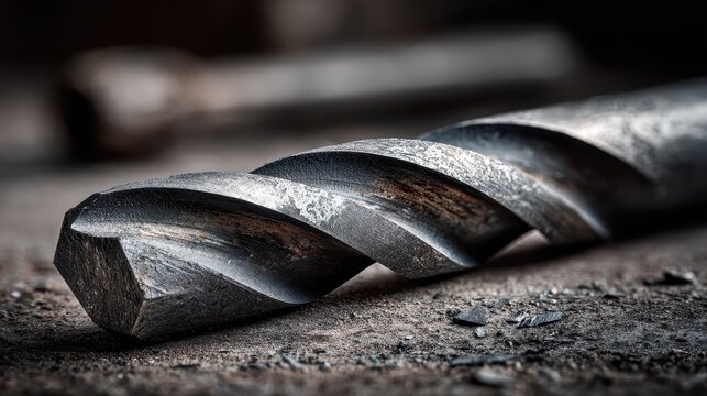 Close-up of a metal drill bit shows a worn, but still functional, tool. Use for construction, DIY projects, or any mechanical related concept.
