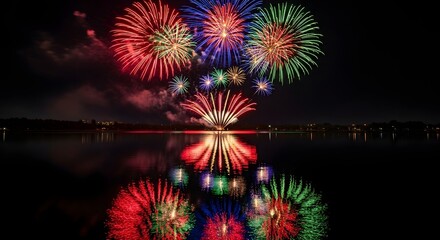 Colorful fireworks display reflected in water on a dark night sky