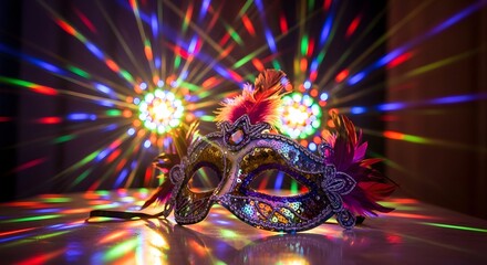 Festive masquerade mask illuminated by colorful party lights for a celebration