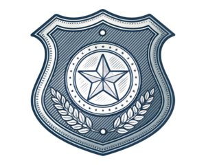 Police badge icon, shield shape, simple engraving detail, isolated on transparent background