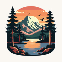 Vintage logo badge of mountain pine tree forest and lake river. Rustic retro old emblem editable vector illustration