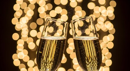 Champagne toast against a sparkling bokeh background for celebration or new year