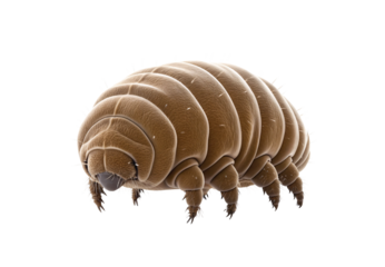 Microscopic tardigrade water bear creature showing segmented body and legs closeup, isolated on a transparent background
