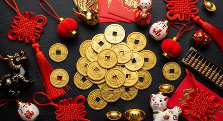 Abundance and prosperity chinese new year decorations with lucky coins and red envelopes
