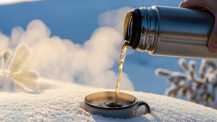Hot beverage pouring into snow covered mug thermos winter morning sunlight steam 4K Ai HD high quality video.
- Powered by Adobe
