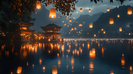 Glowing lanterns float on a lake at night, reflecting traditional asian architecture and distant mountains, creating a magical and festive atmosphere