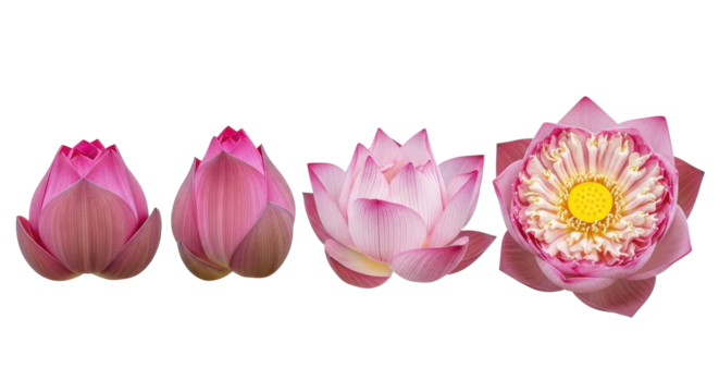 Beautiful lotus blossoms progress from bud to full bloom, symbolizing growth, purity, and enlightenment