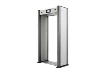 Security metal detector gate with digital display and silver gray industrial frame, isolated on a transparent background
