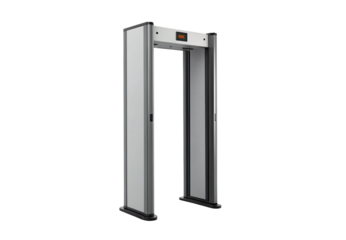 Walk-through metal detector archway with control panel and modern security scanning design, isolated on a transparent background