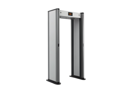 Walk-through metal detector archway with control panel and modern security scanning design, isolated on a transparent background