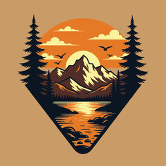 Vintage logo badge of mountain pine tree forest and lake river. Rustic retro old emblem editable vector illustration