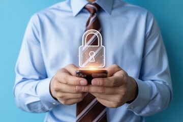 Man holding smartphone with digital padlock overlay for mobile security concept image design element