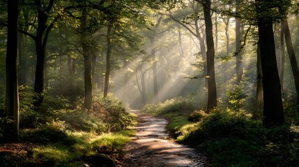 Obraz premium Sunbeams stream through a tranquil forest illuminating a winding path.