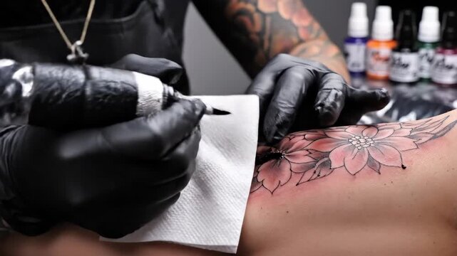 A tattoo artist's gloved hands meticulously apply ink with a tattoo machine to a client's skin, creating a detailed floral design. Close-up view.