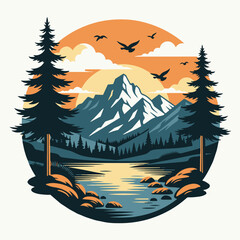 Vintage logo badge of mountain pine tree forest and lake river. Rustic retro old emblem editable vector illustration