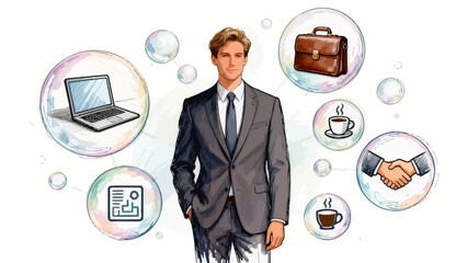 A professional businessman in a suit is surrounded by icons representing office work, global business, and collaboration, illustrating the elements of a successful corporate career.