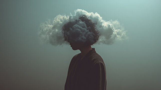 Minimal silhouette with soft cloud around head symbolizing overthinking and introspection. Silhouette of person with soft floating cloud surrounding the head. Gentle haze, minimalist emotional metapho