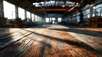 Sunlight streams across a rustic wooden floor in a large empty warehouse.