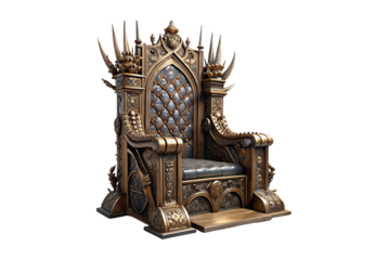 Bronze medieval throne with diamond-tufted blue leather, gothic spikes, ornate carvings and scrollwork, isolated on a transparent background