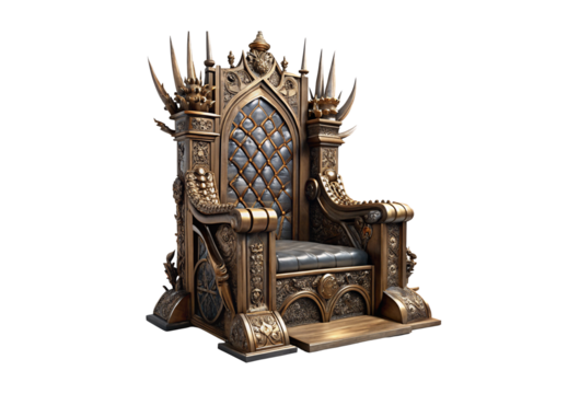 Bronze medieval throne with diamond-tufted blue leather, gothic spikes, ornate carvings and scrollwork, isolated on a transparent background