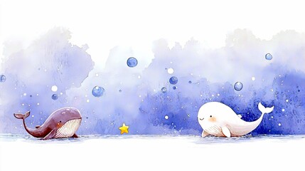 A watercolor illustration featuring two cute, stylized whales in a serene blue underwater environment. One whale is purple and the other is white, both with fri