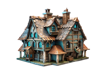 Whimsical medieval cottage with blue-teal walls, shingled roofs, multiple chimneys, and timber framing, isolated on a transparent background