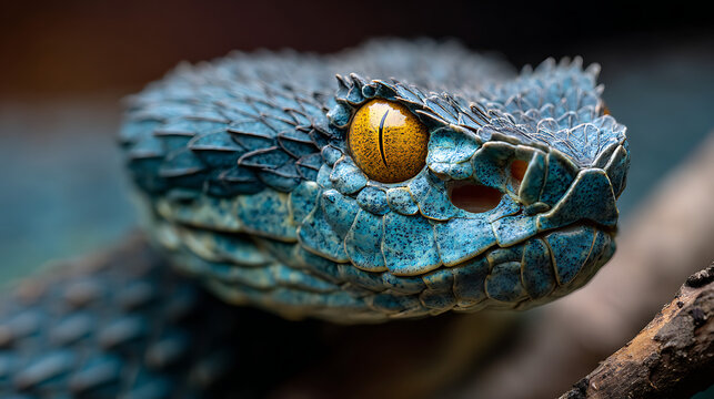 Blue viper with striking yellow eye and textured scales snake teal