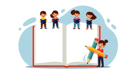 Naklejka premium Cartoon Children Reading and Writing on Large Book