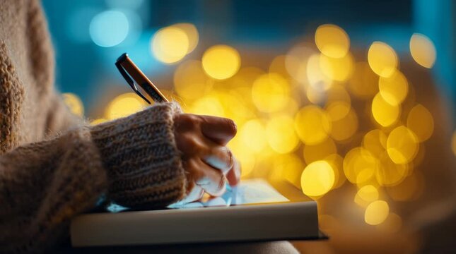 A person's hand writing in a notebook with a pen, with a blurred background of lights.