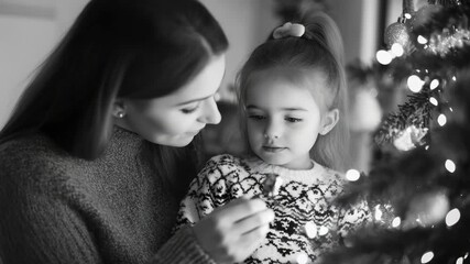 A mother and daughter enjoying a heartwarming moment opening Christmas presents in front of a decorated tree.