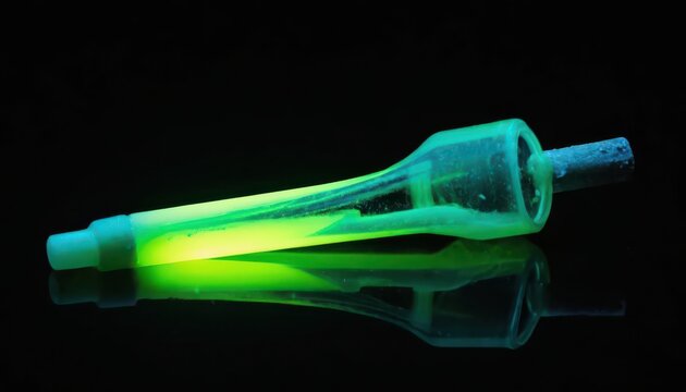 Illuminated green glowing vial with liquid inside laying on a reflective surface against a black