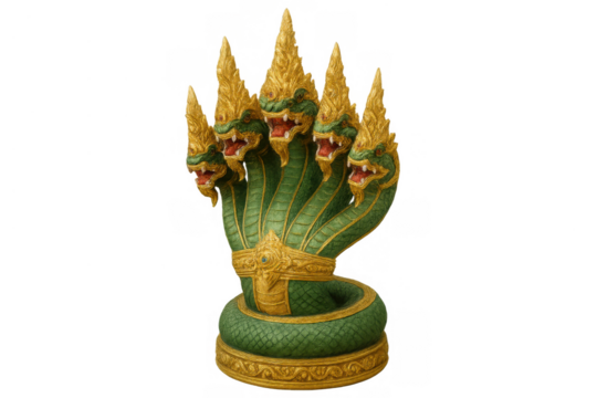 Five-headed green and gold naga serpent statue protecting buddhism, a traditional thai mythological guardian deity