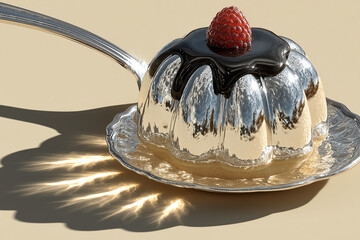 delicious cake on a decorative plate, elegant spoon resting beside, soft gray and white tones, inviting textures,