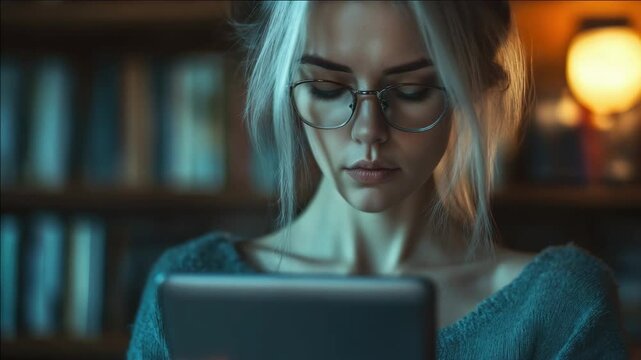 A young woman in a library, engrossed in her e-reader. A symbol of modern education and the power of books.