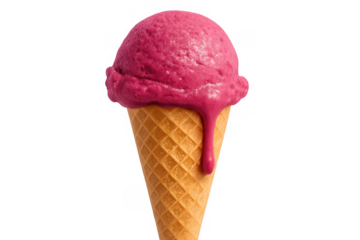 Pink scoop ice cream melting on a sugar cone, refreshing summer dessert or sweet treat with transparent background