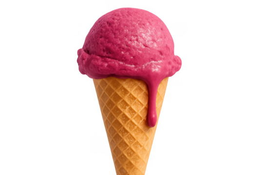 Pink scoop ice cream melting on a sugar cone, refreshing summer dessert or sweet treat with transparent background - Powered by Adobe