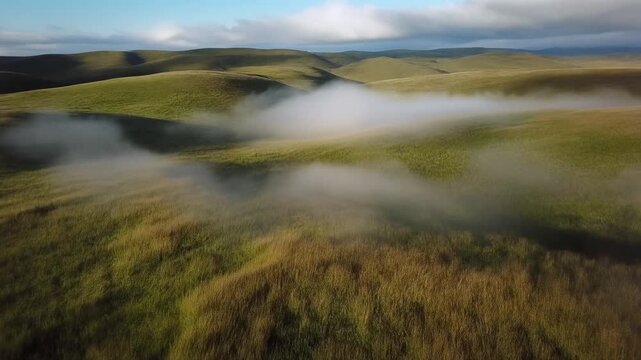 Soft clouds scatter low over a vast grassland plain, their shadows gliding across patches of tall grass and gently rolling hills.
