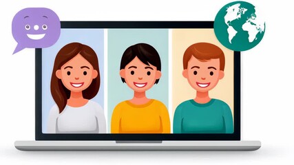 Animated virtual meeting chat with diverse emoji interactions and expressions on laptop screen - Powered by Adobe