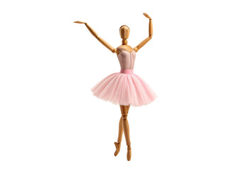 Wooden artist mannequin in pink ballet tutu, arms raised gracefully, isolated on a transparent background